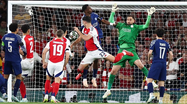 Arsenals Spanish midfielder 23 Mikel Merino heads the ball to score a goal that will be disallowed due to an offside position FblEurC1ArsenalPsg