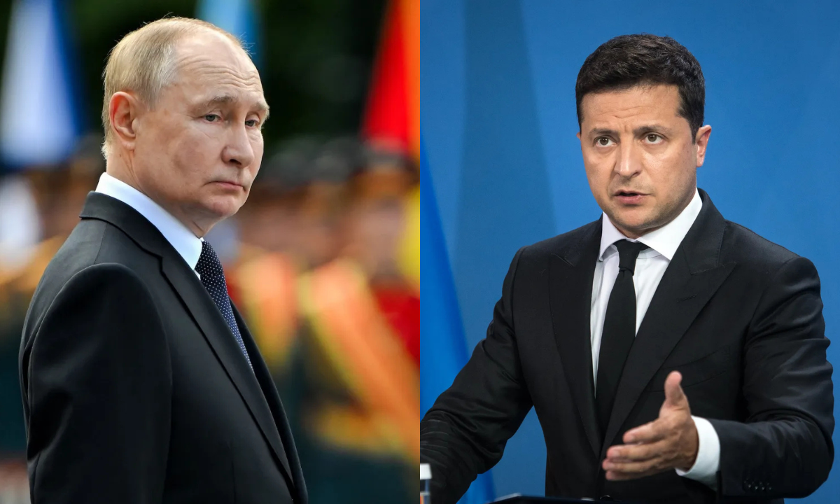 A photo combo of Putin and Zelensky
