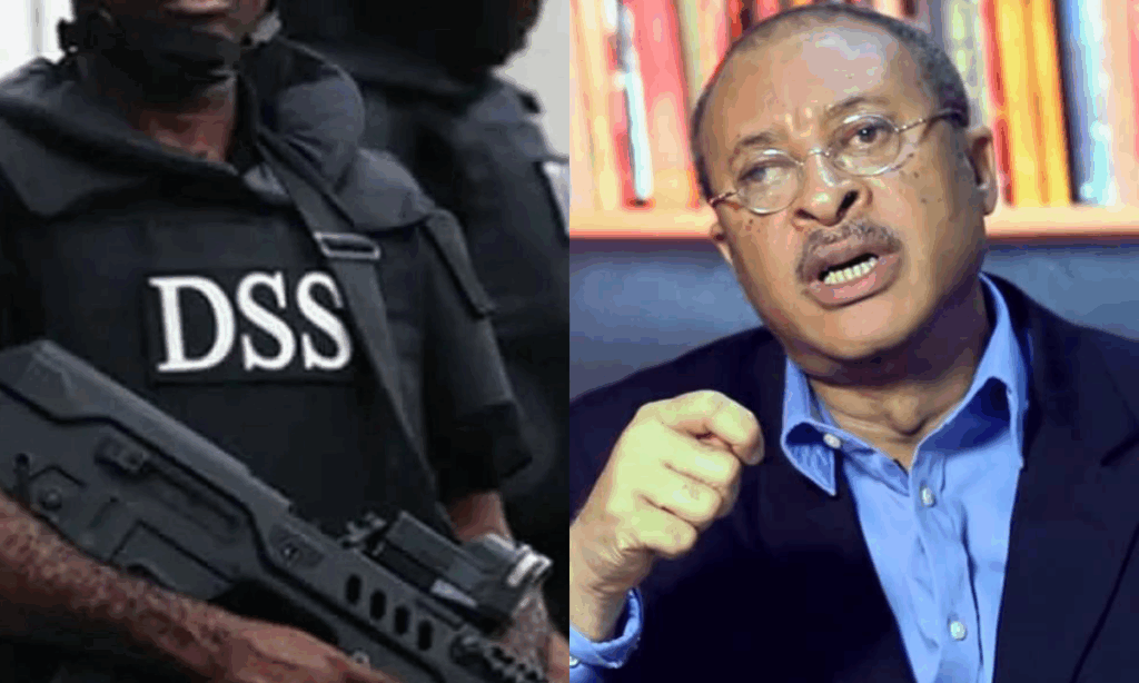 Photo combo of DSS officials and Pat Utomi