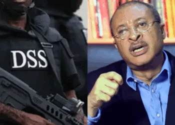 Photo combo of DSS officials and Pat Utomi