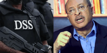 Photo combo of DSS officials and Pat Utomi