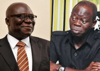 Photo combo of Reuben Abati and Oshiomhole