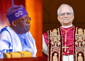 Photo combo of Tinubu and Pope Leo XIV