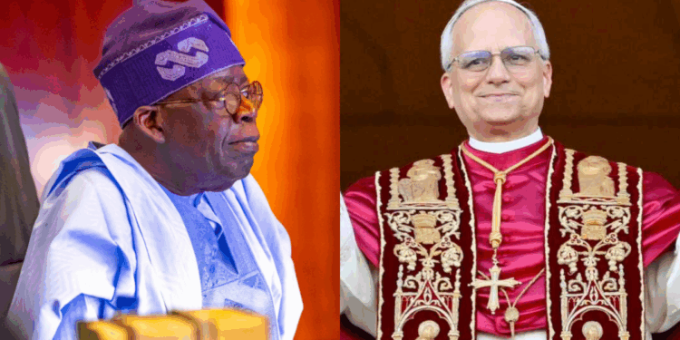 Photo combo of Tinubu and Pope Leo XIV