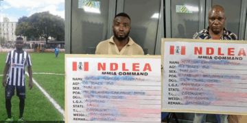 NDLEA Arrests Ex-Footballer, Others in Major Drug Bust at Lagos, Enugu Airports Photo of Segun George Hunkarin and his associate Ntoruka Emmanuel Chinedu