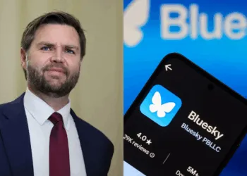 Photo combo of JD Vance and Bluesky logo