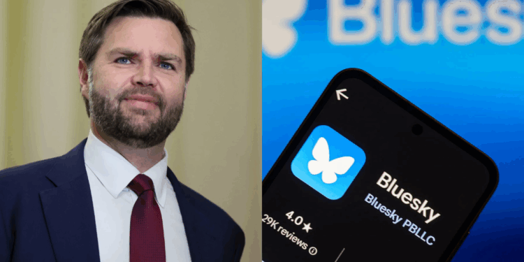 Photo combo of JD Vance and Bluesky logo