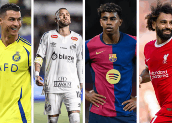 Photo combo of Mohamed Salah, Lamine Yamal, Cristiano Ronaldo, Bukayo Saka, Neymar