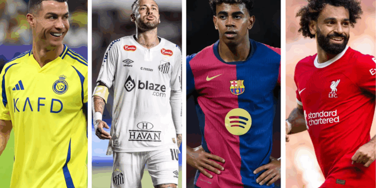 Photo combo of Mohamed Salah, Lamine Yamal, Cristiano Ronaldo, Bukayo Saka, Neymar