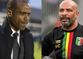 Photo combo of Sunday Oliseh and Eric Chelle