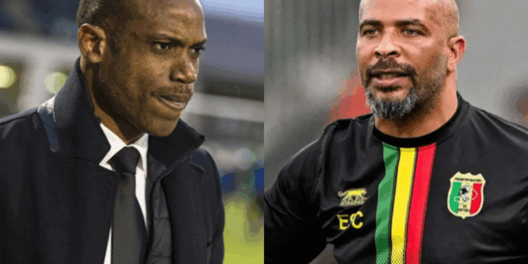 Photo combo of Sunday Oliseh and Eric Chelle