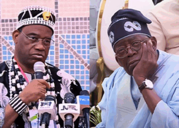 Photo combo of Tor Tiv and Tinubu
