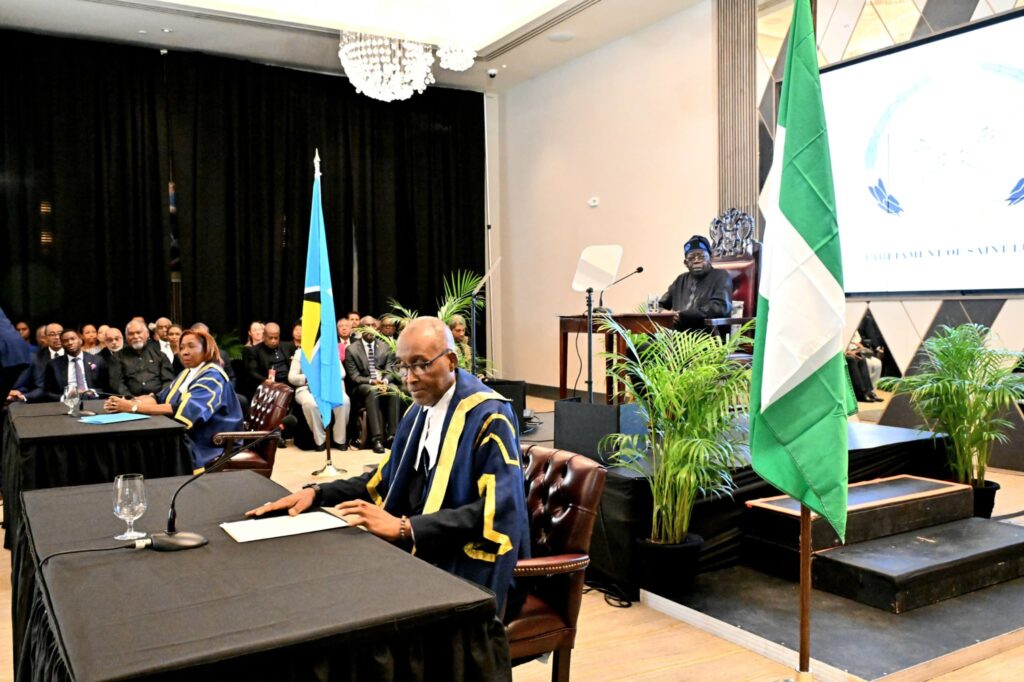 President Bola Tinubu addressing a special joint sitting of the Senate and House of Assembly of Saint Lucia at Sandals Grande Gros Islet. Monday June 30 2025.2