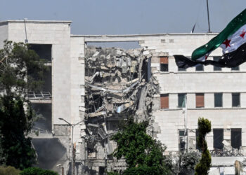 A picture shows a view of the damage following Israeli strikes on the Syrian army and defence ministry headquarters in Damascus on July 16, 2025