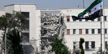 A picture shows a view of the damage following Israeli strikes on the Syrian army and defence ministry headquarters in Damascus on July 16, 2025
