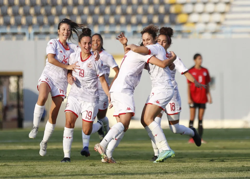 tunisia players celebrate goal hela kaabachi c during the 2022 womens africa cup