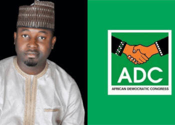 Photo combo of Shitu Adamu Evuti and ADC Logo