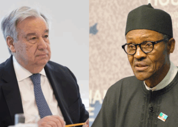 Photo combo of António Guterres and Muhammadu Buhari