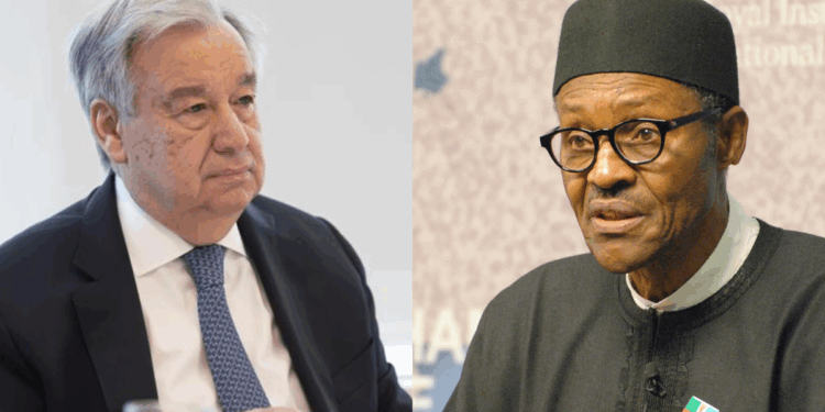 Photo combo of António Guterres and Muhammadu Buhari