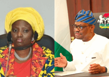 Photo combo of Judith Amaechi and Wike