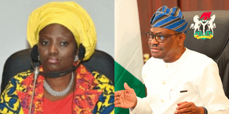 Photo combo of Judith Amaechi and Wike