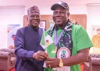 Governor Fintiri with Super Falcons Coach Justine Madugu