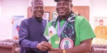 Governor Fintiri with Super Falcons Coach Justine Madugu