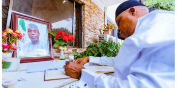Shettima Leads Delegation to Mourn Former Agriculture Minister Audu Ogbeh Photo of Vice President Kashim Shettima signs a condolence register in honour of former Minister of Agriculture and Rural Development, Audu Ogbeh on August 11, 2025.