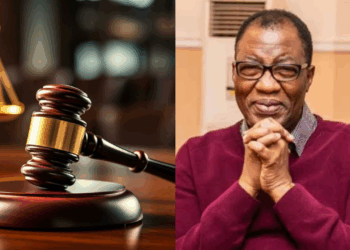 Photo combo of a Court gavel and Gbenga Daniel