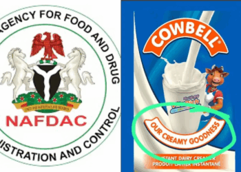 Photo combo of NAFDAC Logo and Cowbell Milk Sachets