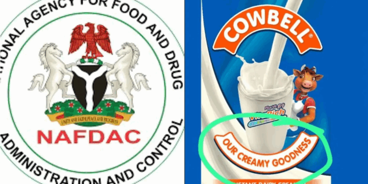 Photo combo of NAFDAC Logo and Cowbell Milk Sachets