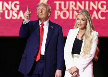 Donald Trump speaks during the public memorial service for right-wing activist Charlie Kirk at State Farm Stadium in Glendale, Arizona.