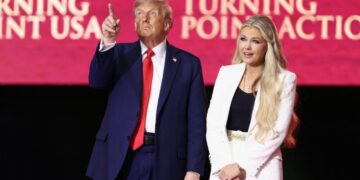 Donald Trump speaks during the public memorial service for right-wing activist Charlie Kirk at State Farm Stadium in Glendale, Arizona.