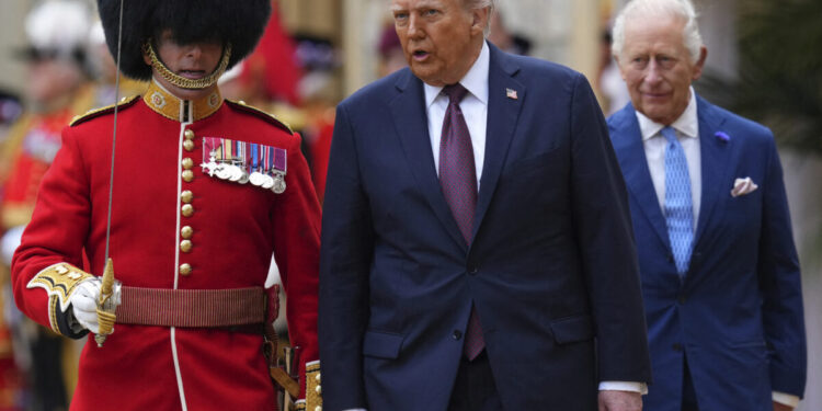 US President Donald Trump and Britain’s King Charles III inspect a Guard of Honour during a Ceremonial Welcome in the Quadrangle at Windsor Castle, in Windsor, on September 17, 2025.
