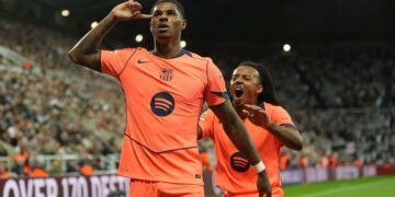 Rashford’s Brace Fires Barcelona to Champions League Victory Over Newcastle Photo of Marcus Rashford Celebrating a Goal