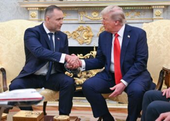 US President Donald Trump shakes hands with Polish President Karol Nawrocki.