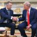US President Donald Trump shakes hands with Polish President Karol Nawrocki.