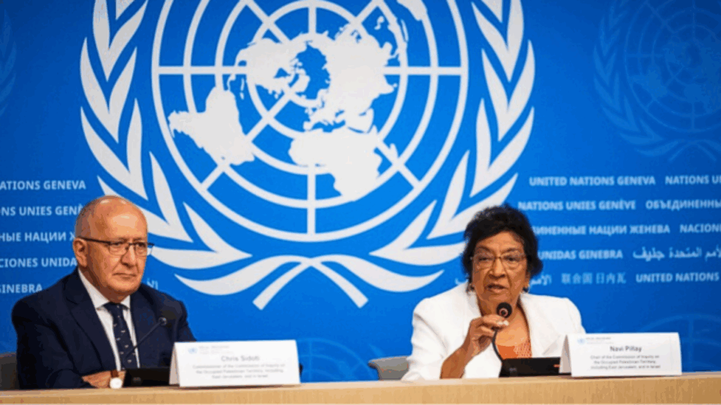 Chair of the Independent International Commission of Inquiry on the Occupied Palestinian Territory, including East Jerusalem, and Israel, South African judge Navi Pillay (R), speaks next to Commission Member Chris Sidoti during a press conference in Geneva on September 16, 2025.