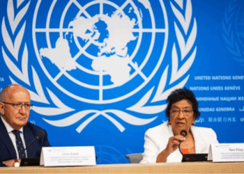 Chair of the Independent International Commission of Inquiry on the Occupied Palestinian Territory, including East Jerusalem, and Israel, South African judge Navi Pillay (R), speaks next to Commission Member Chris Sidoti during a press conference in Geneva on September 16, 2025.