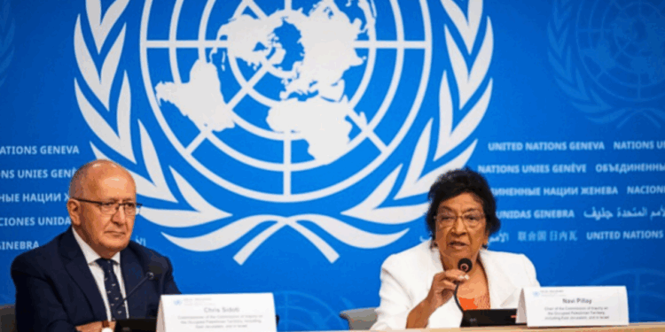 Chair of the Independent International Commission of Inquiry on the Occupied Palestinian Territory, including East Jerusalem, and Israel, South African judge Navi Pillay (R), speaks next to Commission Member Chris Sidoti during a press conference in Geneva on September 16, 2025.