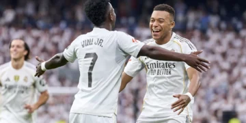 Mbappe Strikes Again as Real Madrid Extend La Liga Lead with Win Over Espanyol Photo of Vinicius and Mbappe