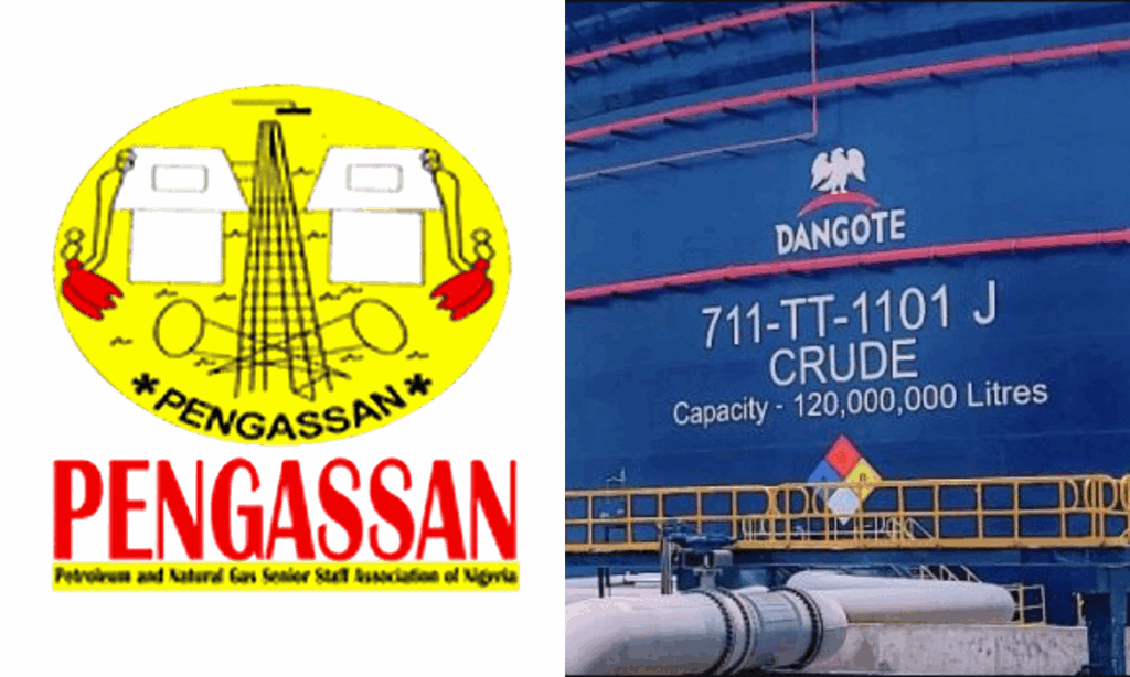 Photo combo of PENGASSAN Logo and Dangote Refinery 