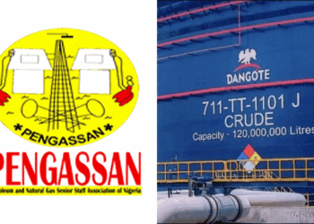 Photo combo of PENGASSAN Logo and Dangote Refinery