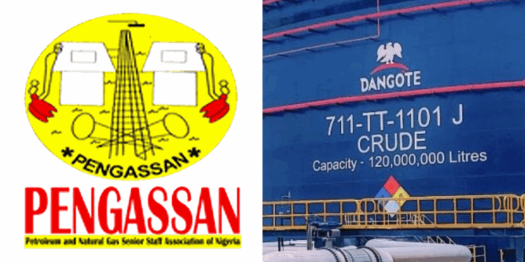 Photo combo of PENGASSAN Logo and Dangote Refinery