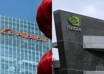 Photo combo of Alibaba and Nvidia sign