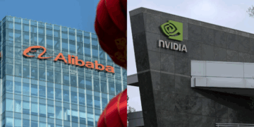 Photo combo of Alibaba and Nvidia sign