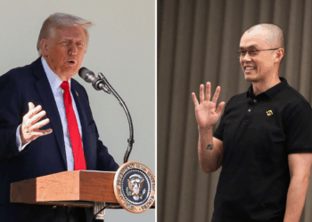 Photo combo of President Trump and Changpeng Zhao.