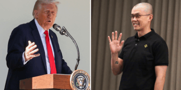Photo combo of President Trump and Changpeng Zhao.