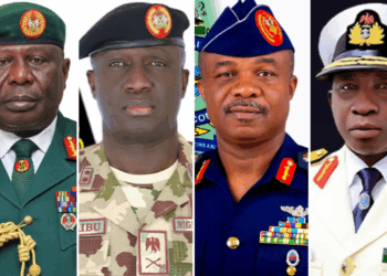 Photo combo of General Olufemi Oluyede, Major-General W. Shaibu, Air Vice Marshal S. K. Aneke, Rear Admiral I. Abbas.