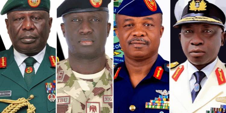 Photo combo of General Olufemi Oluyede, Major-General W. Shaibu, Air Vice Marshal S. K. Aneke, Rear Admiral I. Abbas.
